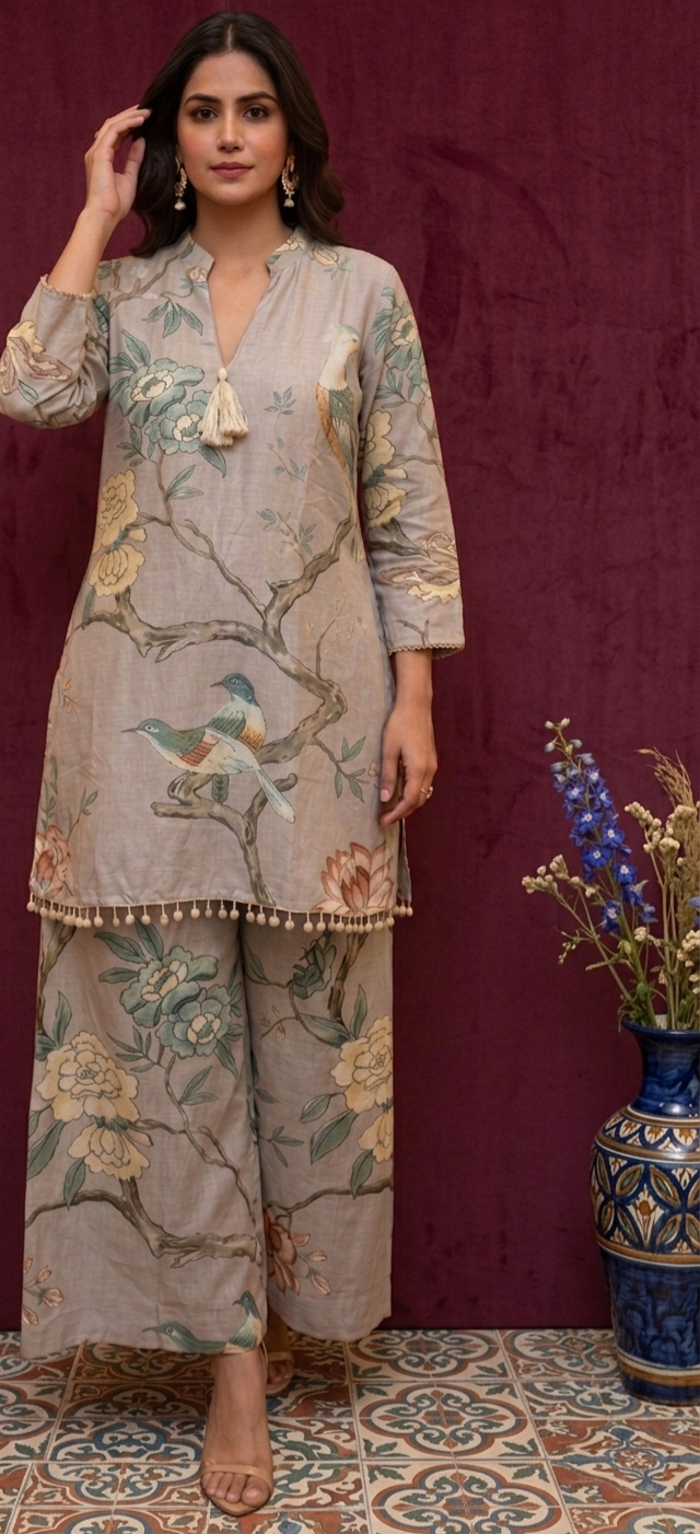 Birdsong Beige Muslin Co-ord Set – Tassel Neckline & Beaded Hem