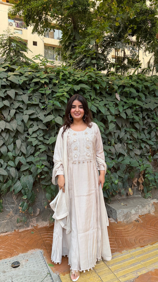 3 Piece - Mul chanderi in beige with neck embroidery in ivory and gold