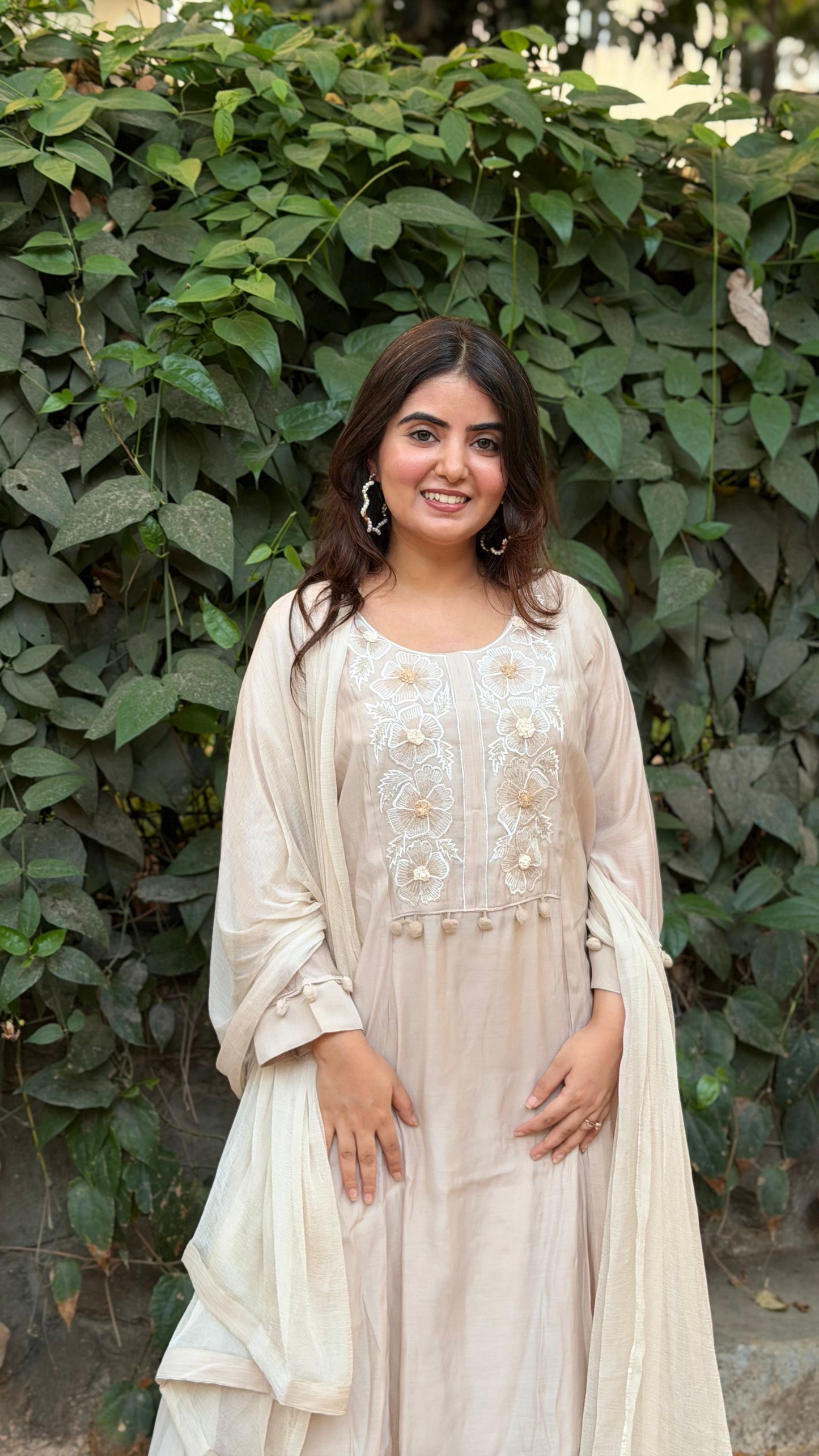 3 Piece - Mul chanderi in beige with neck embroidery in ivory and gold