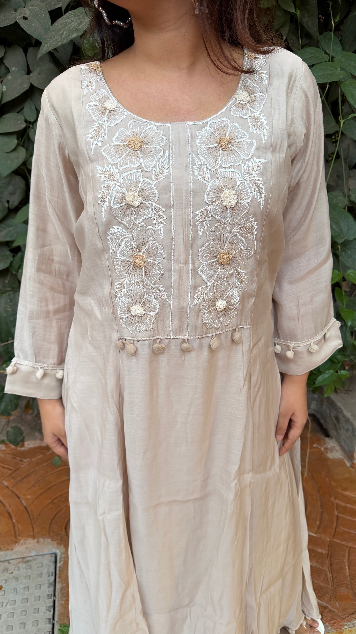 3 Piece - Mul chanderi in beige with neck embroidery in ivory and gold